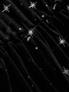 Pitira Teen Girls Glitter Silver Star Print Velvet Black Slim Fit Mini Dress With Spliced Mesh Puff Long Sleeves, Autumn/Winter Party Sun Hem Dress, Gorgeous - Black - View 5