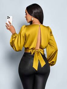 SOLERSUN 女士时尚灯笼袖系带缎面衬衫收腰衬衫，冬季服装，秋季，优雅，日常通勤，外出，休闲