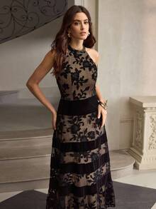 ZEYLAH Velvet & Lace Patchwork Cinching Waist Dress, Autumn/Winter - Black - View 5