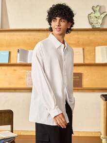 Open Phase STONE DISTRICT 男士纯色落肩衬衫，休闲衬衫，宽松服装，学院风 - 白色 - 查看 5