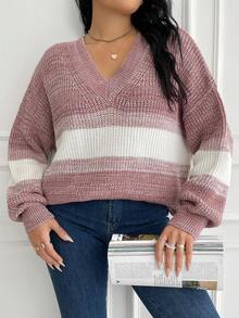 EURMUSE Suéter oversize de hombros caídos con bloques de color, para invierno - Rosa vieja - View 4