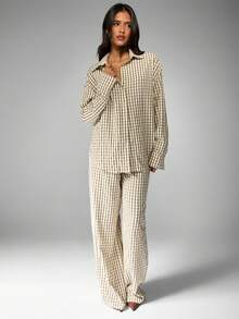 MISSGUIDED Bộ đồ vải lanh kẻ caro màu nâu be, quần ống rộng Palazzo, áo sơ mi cài nút cỡ lớn, trang phục thường ngày thu đông hai mảnh - xanh quân đội - Xem 4