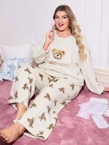 Bộ đồ ngủ thêu gấu bông dễ thương và ngọt ngào cỡ lớn INS Good Night thoải mái, đồ mặc nhà cỡ lớn, quần áo mùa đông ấm áp, mềm mại - Màu be - Xem 4