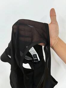 Menodora SHEIN Sport 2 件套健身瑜伽服健身房服装套装对比色网眼上衣宽带腰部紧身裤健身女士套装 - 黑色 - 查看 7