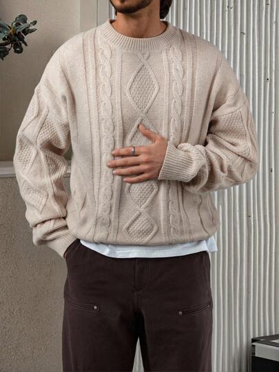 Manfinity Homme Męski luźny sweter dzianinowy o swobodnym kroju ze wzorem warkoczowym, okrągłym dekoltem, obniżonymi ramionami i długim rękawem, odpowiedni na jesień