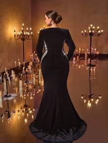 Glamrae 加大码优雅黑色甜心领长袖撞色领珠绣花丝带美人鱼下摆拖尾礼服，适合庆祝、派对、婚礼、晚会 - 黑色 - 查看 4