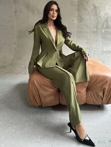 Firerie Women's Elegant Commuter Casual Daily Urban Chic Teacher Outfit, New Stylish Blazer Jacket With Waist Cinching And High-Waisted Pants, 2 Pieces Set In Military Green, Autumn/Winter