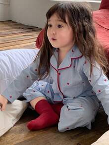 DAZY 2 件套女婴休闲心形圆点印花翻领长袖衬衫和宽松长裤睡衣套装