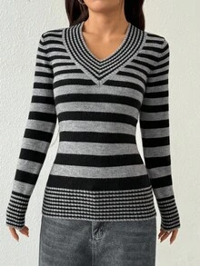 Jeanoix Jeanoir V-Neck Striped Sweater, Casual Ladies Knitted Sweater - Multicolor - View 6