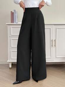 SHEIN Tall 高腰休闲阔腿裤，适合返校和通勤 - 黑色 - 查看 3