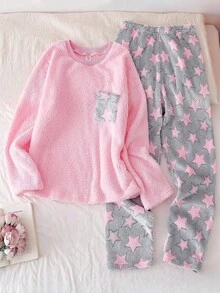 Teen Girl Minimalist Pink Star Pattern Fleece Long Sleeve Top And Pants 2 Pieces Pajama Set Teen Girl Fluffy Matching Pjs - Pink - View 1
