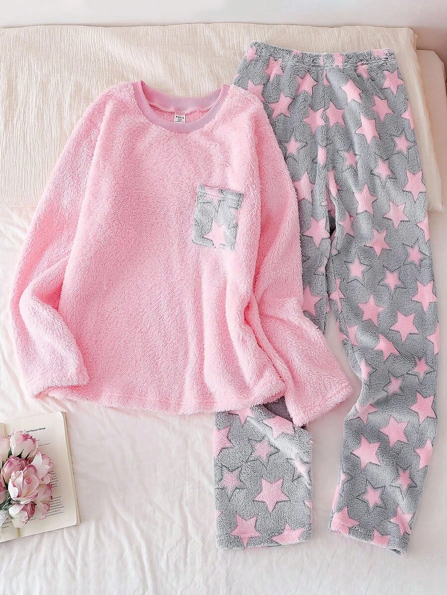 Teen Girl Minimalist Pink Star Pattern Fleece Long Sleeve Top And Pants 2 Pieces Pajama Set Teen Girl Fluffy Matching Pjs - Pink - View 1