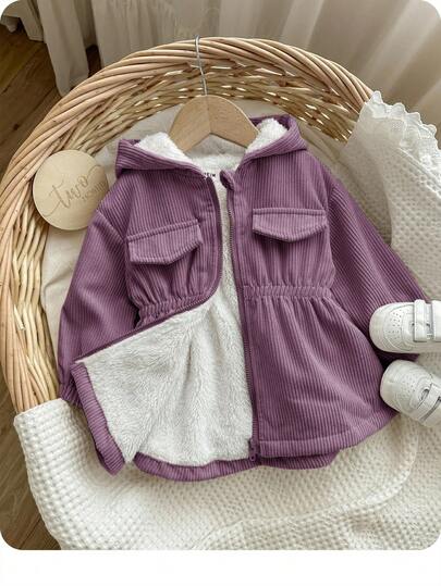 Babygirl Cute Apricot Corduroy Hooded Fleece Jacket, Autumn/Winter