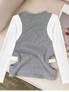 INAWLY Women's Contrast Color Round Neck Long Sleeve Hollow Out Design Casual T-Shirt - Light Grey - View 2