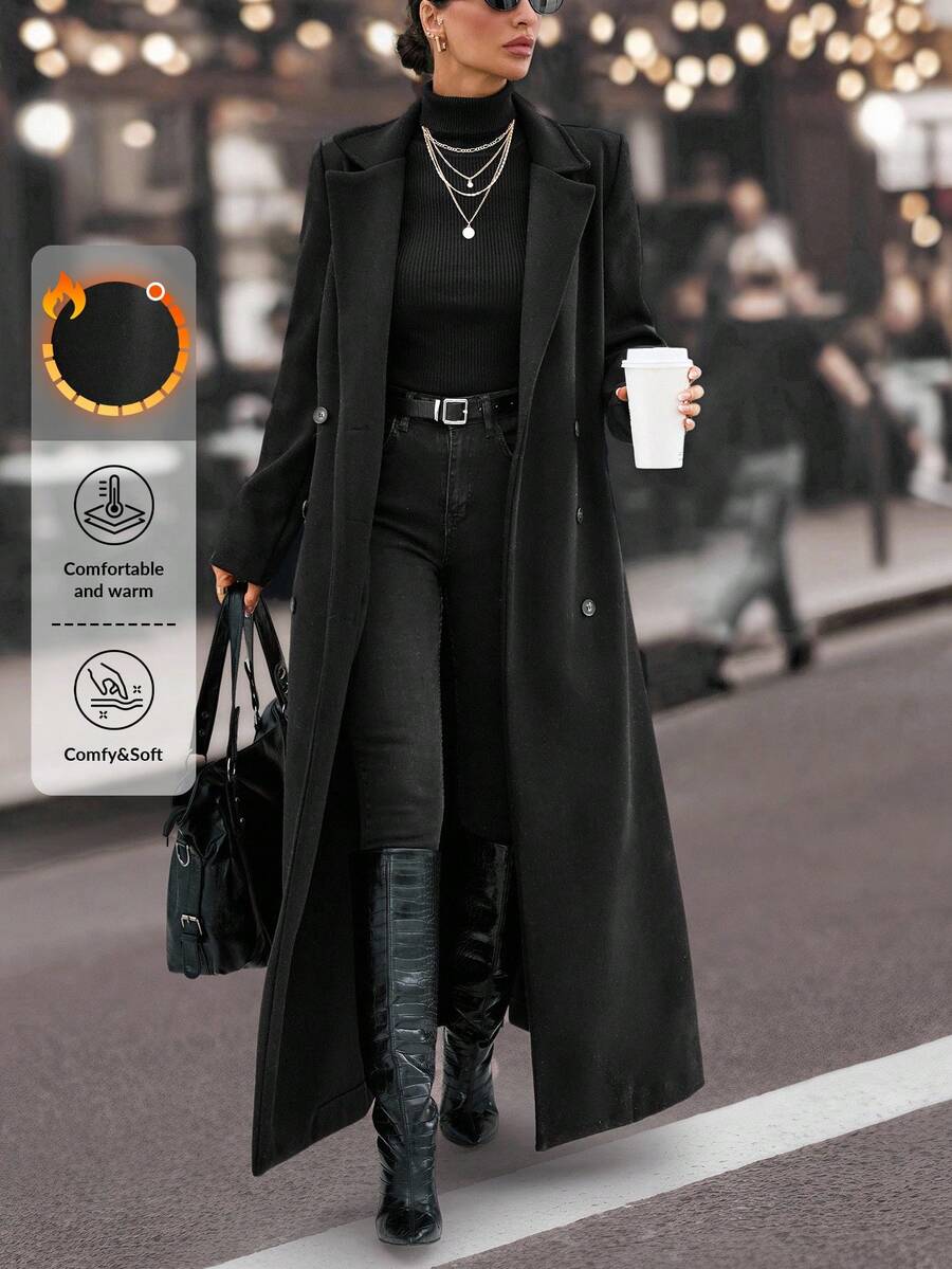 EURMUSE Extra Long,Black Minimalist Style Overcoat - Black and White - View 1