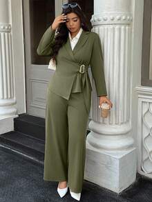 Easura 大码简约商务西装外套和裤子套装 - 軍綠色 - 查看 6