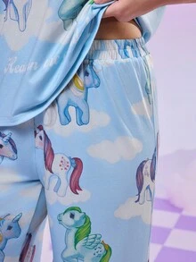 My Little Pony X SHEIN Plus Size Summer Cute Horse Print Round Neck Short Sleeve T-Shirt And Pants Pajama Set