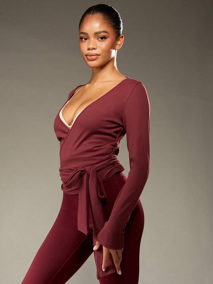 MISSGUIDED Wrap Ballet Style Top With Side Tie Long Sleeve Top Perfect For Layering Fall Winter Collection Cross Over Front Design Christmas