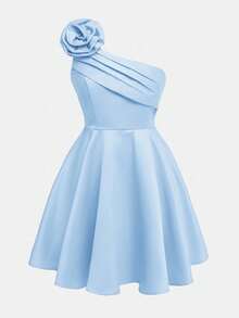 Girlism Tween Girl Elegant Luxurious Shoulder 3D Floral One Shoulder Ruffle Ball Gown Short Prom Dress - Baby Blue - View 4