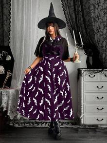 Whyspr 2 pièces/set Robe camisole élégante gothique avec imprimé chauve-souris et étole en mousseline, tenue de cosplay pour fête d'Halloween - Prune - Voir 5