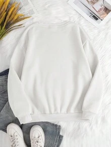 EMERY ROSE Plus Size Women Casual Embroidered Round Neck Drop Shoulder Pullover Sweatshirt Fall - Beige - View 2