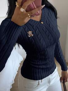 SHEIN EZwear 女士休闲小熊刺绣毛衣，秋冬季藏蓝色毛衣，带泰迪熊贴片，女士舒适秋冬服装 - 藏蓝色 - 查看 5