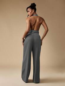 MISSGUIDED 棉质牛仔挂脖连体裤阔腿镂空前双系带细节节日夏季场合晚会服装复古风格 - 灰色 - 查看 2