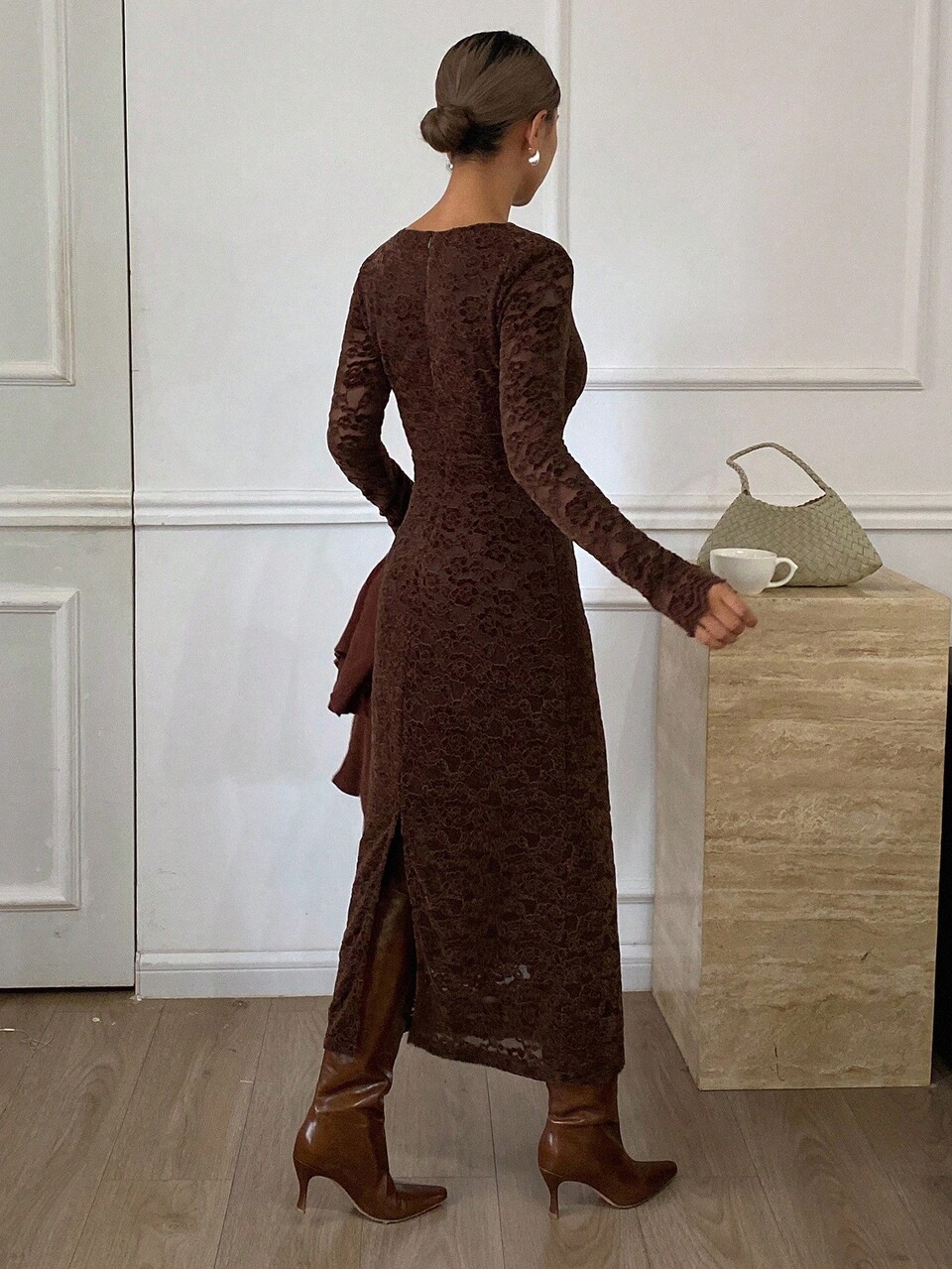Solid Color Fitted Elegant Waist Lace Dress, V-Neck Long Sleeve Bodycon Midi Dress For Women, Autumn/Winter