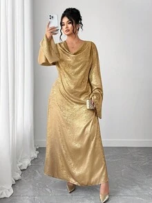 Elenzga Robe longue à manches longues, décolleté plongeant et dos nu avec lien, en grande taille, avec feuille d'or, pour soirée française - Doré - Voir 7