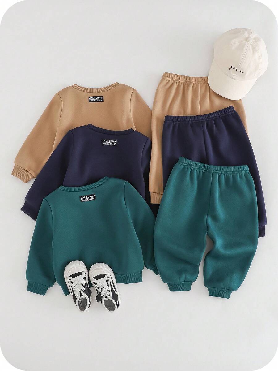 SHEIN 6pcs/Set Baby Boy/Girl Solid Color Khaki, Navy Blue, Olive Green Long Sleeve Sweatshirt And Elastic Waist Pants All-Match Outfit, Suitable For Autumn/Winter Outdoor And Sports Baby Set Autumn Winter Season Baby Sweat Outfits Fall - Multicolor - View 1