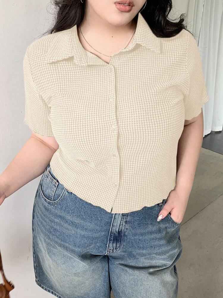Dazy Plus Plus Size Fitted Short Sleeve Polo Shirt, Textured Fabric, Spring/Summer Women Summer Clothing, Crop Tops Women