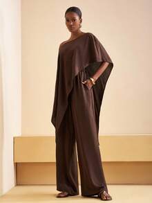 Zivah 2025 秋季新款音乐节、复活节、圣帕特里克节、西部风、游牧风、生日派对、毕业典礼、学院风、学生装、日常休闲、百搭百搭、休闲、邮轮旅行、海滩、日光浴、网络热播、街头潮流、婚礼宾客波西米亚风、通勤、早午餐、机场、派对、节日出游、优雅盛典、女士宽松亚麻不对称肩部斗篷上衣（棕色）和裤子 - 棕色 - 查看 8