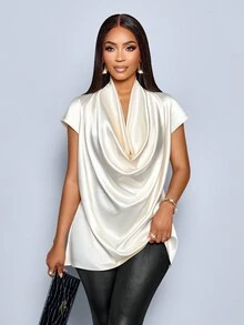 SOLERSUN Women's Elegant Sexy Party Draped Front Batwing Sleeve Satin Blouse,Suitable For Daily Wear And Dating - Apricot - View 3