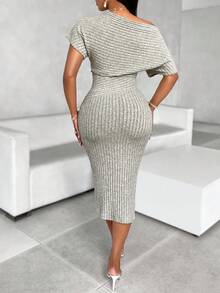 SOLERSUN Solid Asymmetrical Shoulder Texture Fabric Dress - Apricot - View 2