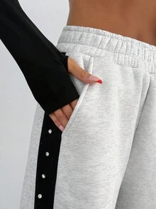 EURMUSE Rhinestone Side Detailed Brushed Light Grey Melange Sweatpants - Light Grey - View 4