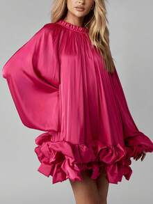 MISSGUIDED Volume Mini Dress Ruffle Hem High Neck Satin Elegant Party Occasion Statement Balloon Sleeve Gathered Holiday Fall Winter - Hot Pink - View 8