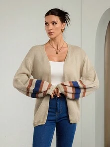 SHEIN Tall Women Casual Color-Block Striped Cardigan Thanksgiving Winter , Autumn/Winter, Daily Wear, Tall Women - Apricot - View 8