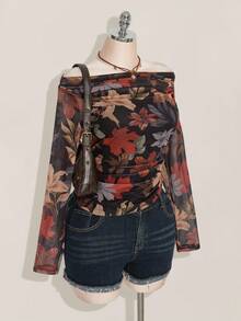 SHEIN ICON Áo thun lưới hở vai in họa tiết cổ điển Y2K cỡ lớn, dây rút bên hông - Nhiều màu - Xem 4