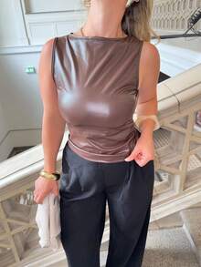Jeta Ari Women's Round Neck Sleeveless Fitted Pleated Charming Elegant Fashion Tank Top - Brown - View 3