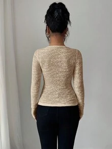 SHEIN Allurite 休闲纯色前系带修身长袖女式T恤 - 卡其色 - 查看 2