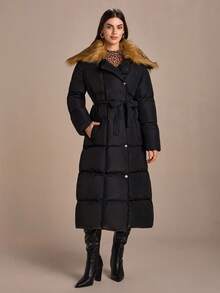 CLARA VERO Women's Solid Belted Detachable Trimmed Faux Fur Detailed Elegant Oversized Long Winter Coat - Black - View 6