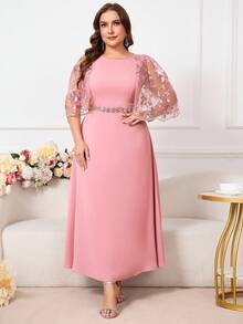 Ellevyn 大码女式圆领蕾丝拼接优雅长裙，夏季 - 粉色 - 查看 5