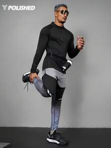 Manfinity Acti Log 男士字母印花拉链口袋二合一运动裤/休闲裤 - 黑色 - 查看 2