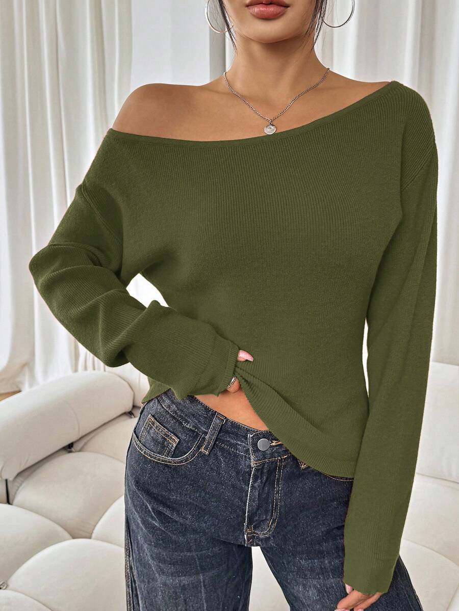 SHEIN SXY 女款純色不對稱肩休閒百搭日常穿著長袖針織衫