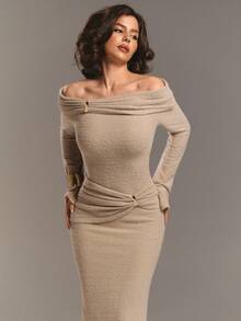 Aloruh Women's New Year's Look Autumn And Winter Khaki Apricot One-Shoulder Off-Shoulder Simple Fashion Street Pleated Waist Metal Decoration Slim Long Skirt, Versatile Long-Sleeved Knitted Dress, Autumn And Winter Base Dress Prom Dress,Vestidos Elegantes