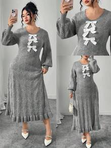 Modelyn 大码女式优雅蝴蝶结圆领长袖毛衣裙 - 灰色 - 查看 1