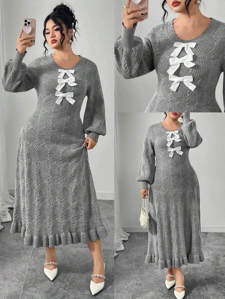 Modelyn 大码女式优雅蝴蝶结圆领长袖毛衣裙 - 灰色 - 查看 1