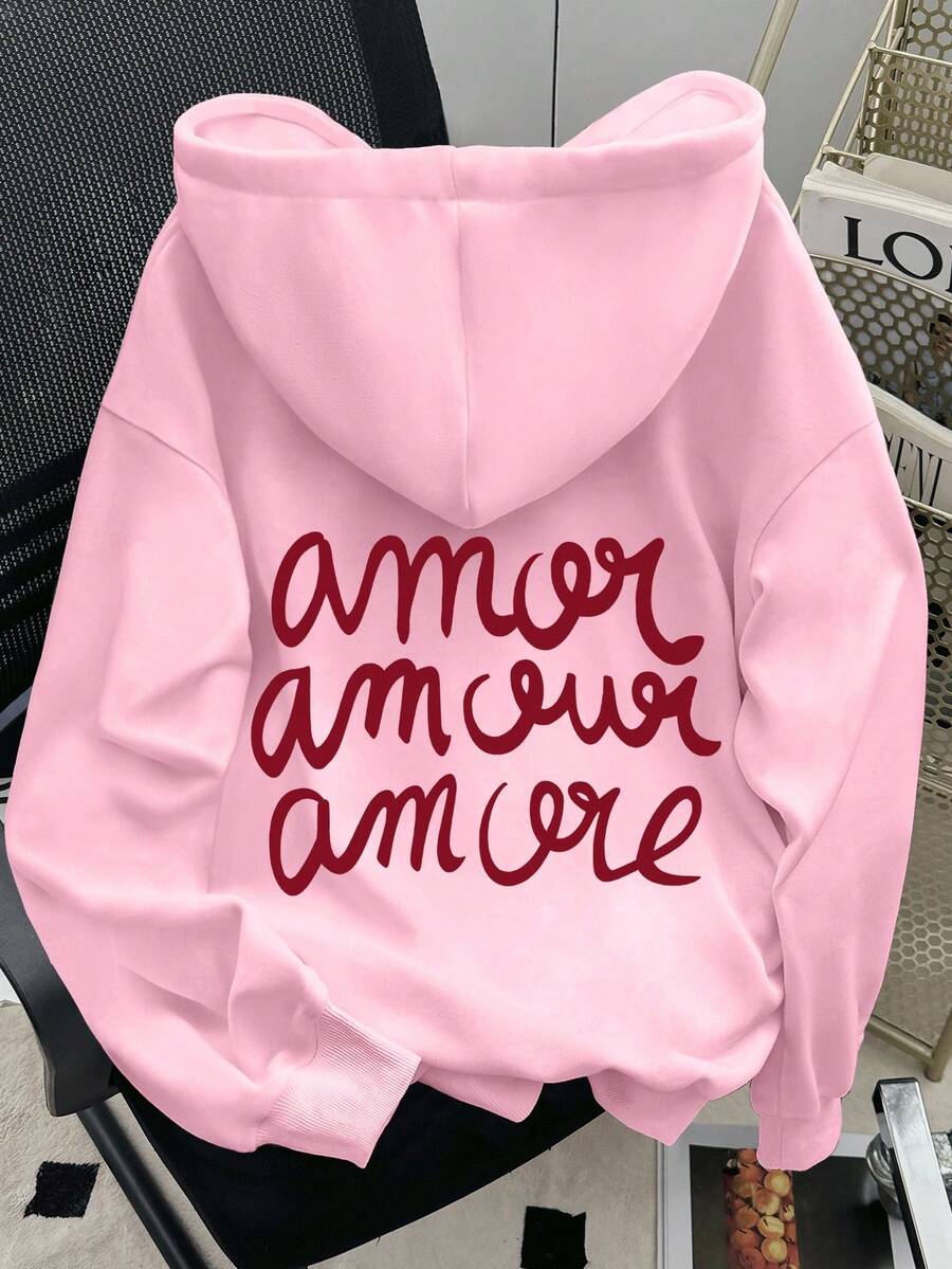 INAWLY Women's Casual Letter Print Drop Shoulder Sweatshirt, Autumn/Winter, Christmas - Pink - View 1