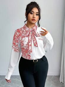 Elenzga Plus Size Random Print Tie Collar Elegant Office Long Sleeve Shirt - Red and White - View 3