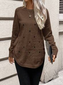 SHEIN Frenchy Women's Heart Pattern Round Neck Raglan Sleeve Side Tie Casual Sweater, Autumn/Winter,Brown Top - Brown - View 3
